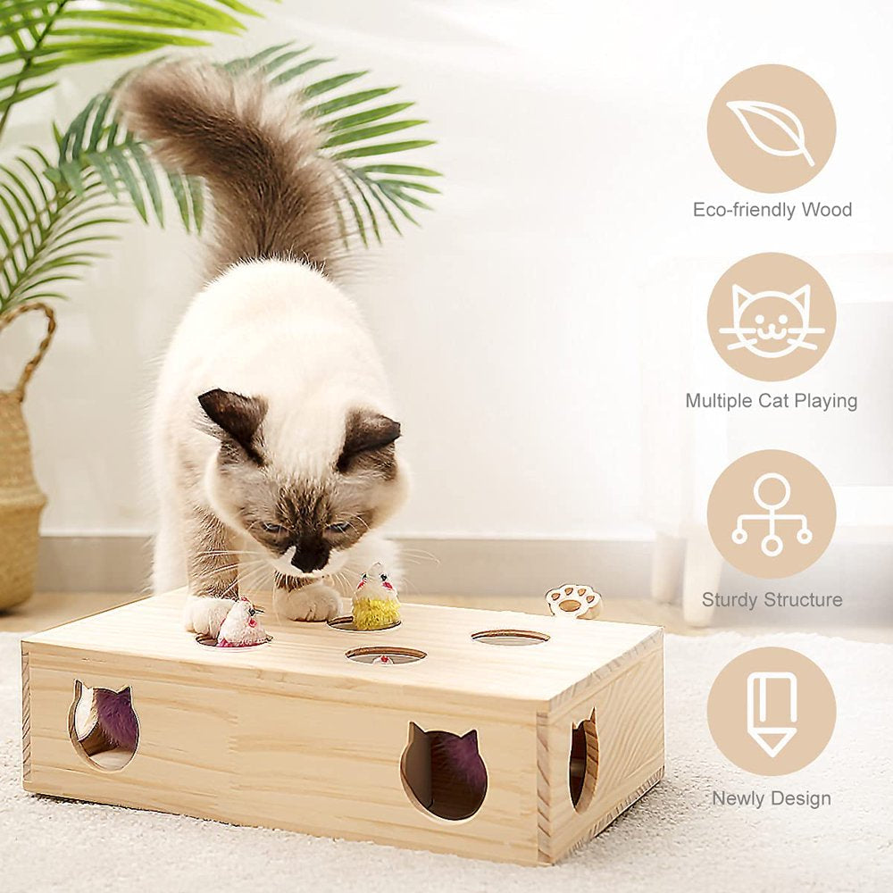 Cat Toys Interactive Whack a Mole Solid Wood Toys for Indoor Cats Kitten Catch Mice Game